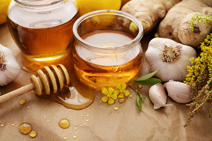 Honey, garlic, herbs, lemon and ginger - natural medicine, healt