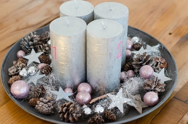 DIY-Advent-wreath-ideas-silver-trend-color-christmas-decorating-ideas-pine-cones-stars